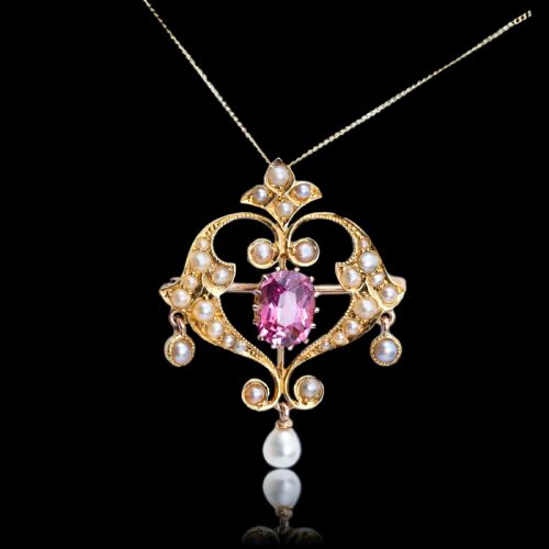 fig 6. Antique Edwardian Pink Tourmaline & Seed Pearl 15ct Gold Pendant Necklace - c.1910