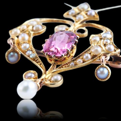 fig 9. Antique Edwardian Pink Tourmaline & Seed Pearl 15ct Gold Pendant Necklace - c.1910