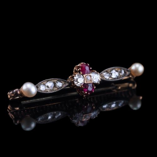Antique Ruby & Diamond Brooch 14ct Gold with Pearl Accents - C.1900