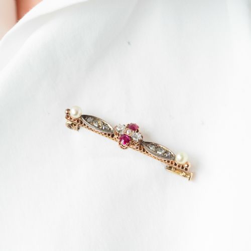 fig 4. Antique Ruby & Diamond Brooch 14ct Gold with Pearl Accents - c.1900