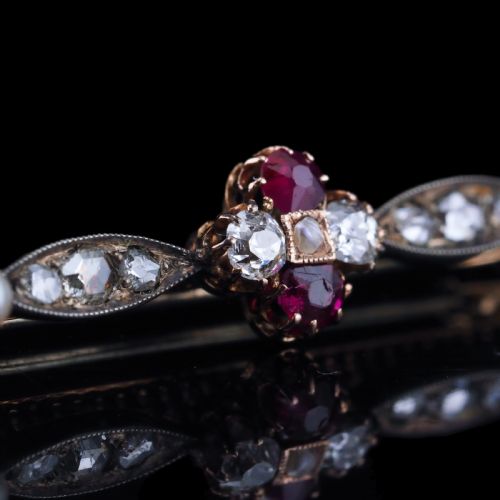 fig 5. Antique Ruby & Diamond Brooch 14ct Gold with Pearl Accents - c.1900