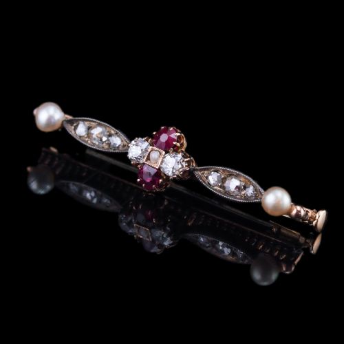 fig 6. Antique Ruby & Diamond Brooch 14ct Gold with Pearl Accents - c.1900