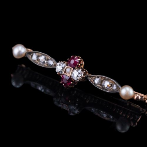fig 7. Antique Ruby & Diamond Brooch 14ct Gold with Pearl Accents - c.1900