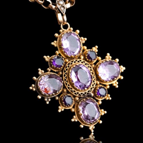 fig 8. Antique Georgian 18ct Gold Amethyst Pendant Necklace Cannetille - c.1820