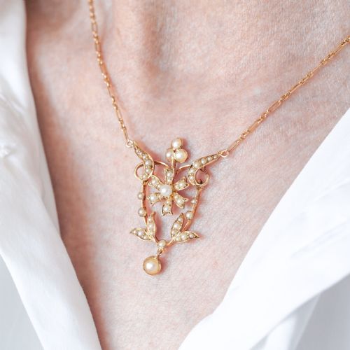 ANTIQUE VICTORIANEDWARDIAN PEARL NECKLACE 14CT GOLD FLOWER DESIGN C1900 - ADDITIONAL PHOTO 16