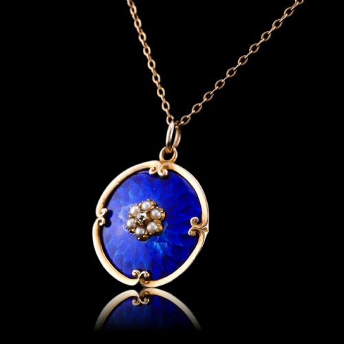 fig 3. Antique Diamond, Pearl and Blue Enamel 9ct Gold Pendant Necklace - C.1900