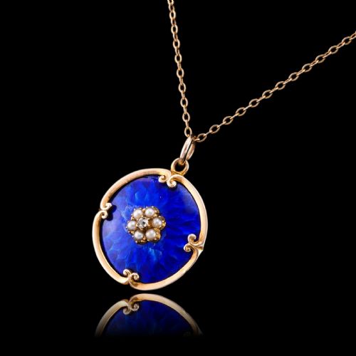 fig 5. Antique Diamond, Pearl and Blue Enamel 9ct Gold Pendant Necklace - C.1900