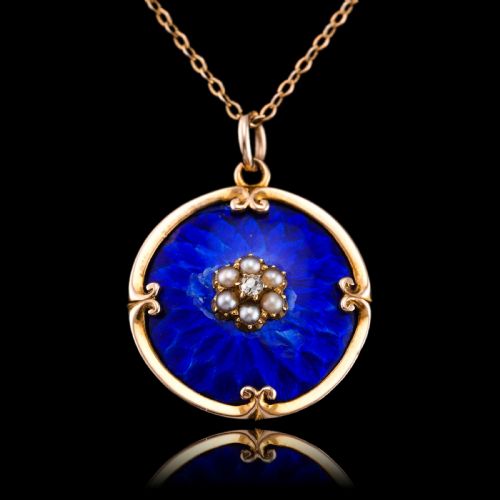 fig 7. Antique Diamond, Pearl and Blue Enamel 9ct Gold Pendant Necklace - C.1900