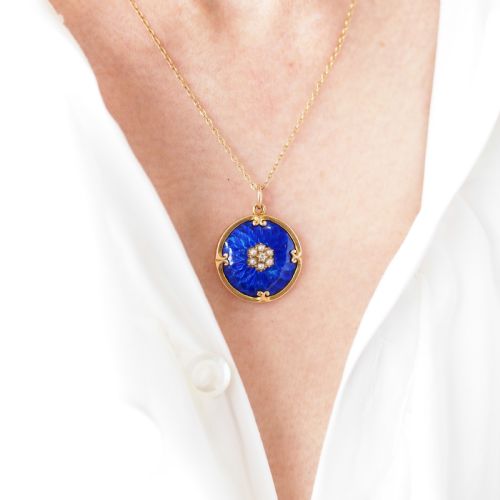 fig 9. Antique Diamond, Pearl and Blue Enamel 9ct Gold Pendant Necklace - C.1900