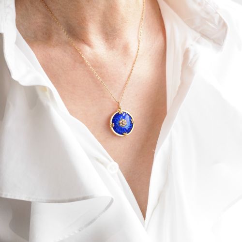 fig 11. Antique Diamond, Pearl and Blue Enamel 9ct Gold Pendant Necklace - C.1900