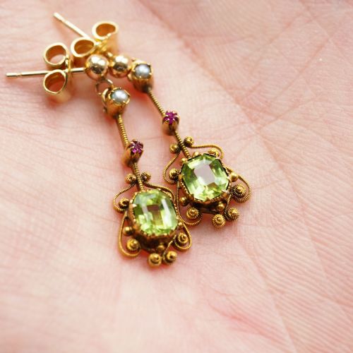 fig 1. Antique Peridot Ruby and Pearl Earrings 18ct Gold Cannetille Suffragette Design