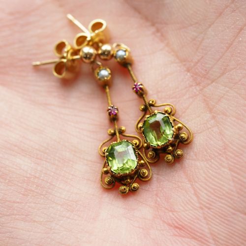 fig 2. Antique Peridot Ruby and Pearl Earrings 18ct Gold Cannetille Suffragette Design