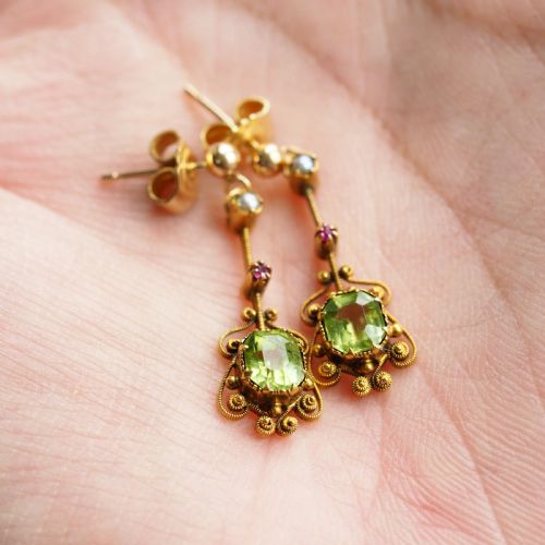 fig 3. Antique Peridot Ruby and Pearl Earrings 18ct Gold Cannetille Suffragette Design