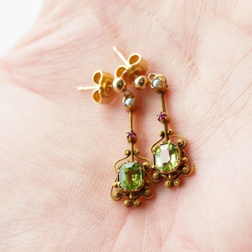 fig 4. Antique Peridot Ruby and Pearl Earrings 18ct Gold Cannetille Suffragette Design