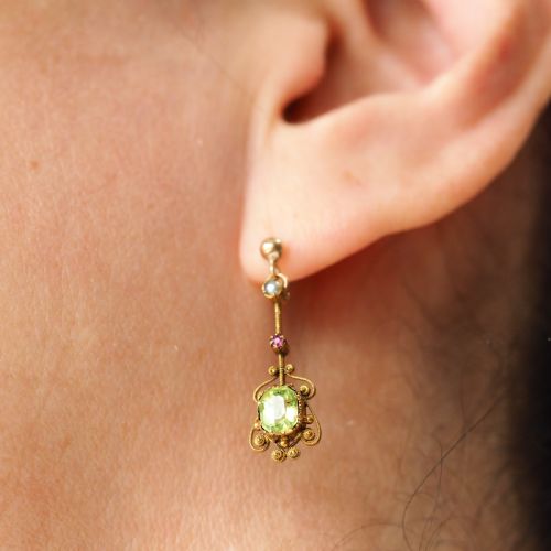 fig 6. Antique Peridot Ruby and Pearl Earrings 18ct Gold Cannetille Suffragette Design