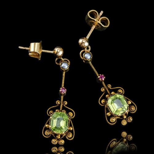 fig 8. Antique Peridot Ruby and Pearl Earrings 18ct Gold Cannetille Suffragette Design