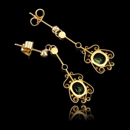 fig 9. Antique Peridot Ruby and Pearl Earrings 18ct Gold Cannetille Suffragette Design