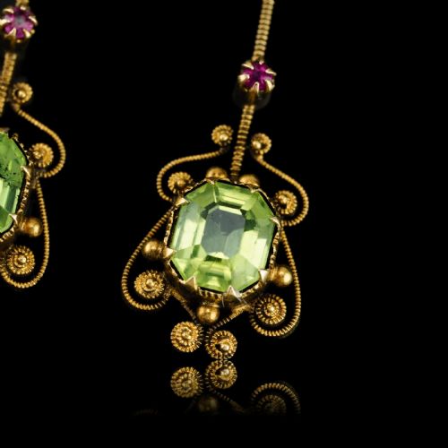 fig 10. Antique Peridot Ruby and Pearl Earrings 18ct Gold Cannetille Suffragette Design