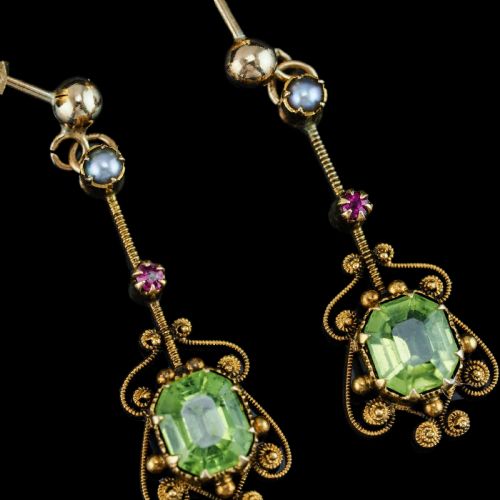 fig 11. Antique Peridot Ruby and Pearl Earrings 18ct Gold Cannetille Suffragette Design