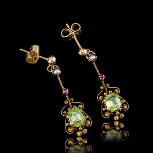 fig 12. Antique Peridot Ruby and Pearl Earrings 18ct Gold Cannetille Suffragette Design