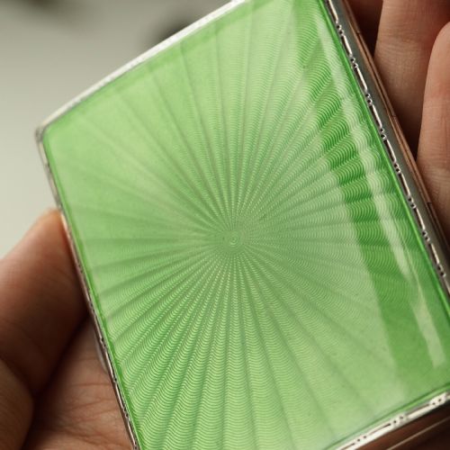 fig 1. Sterling Silver Cigarette Case with Green Sunburst Enamel Guilloche - Walker & Hall 1937
