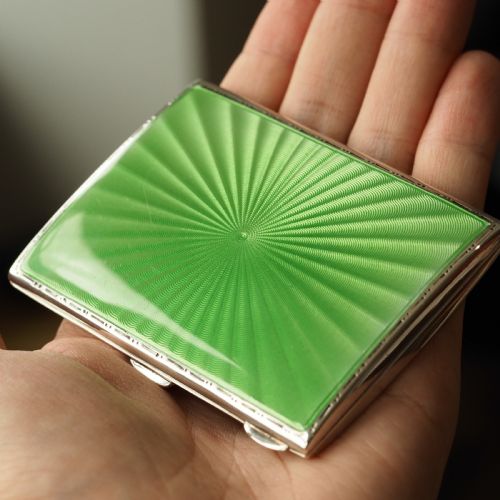 fig 2. Sterling Silver Cigarette Case with Green Sunburst Enamel Guilloche - Walker & Hall 1937