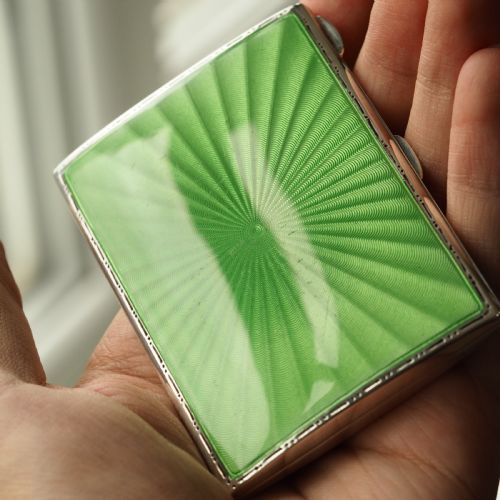 fig 3. Sterling Silver Cigarette Case with Green Sunburst Enamel Guilloche - Walker & Hall 1937