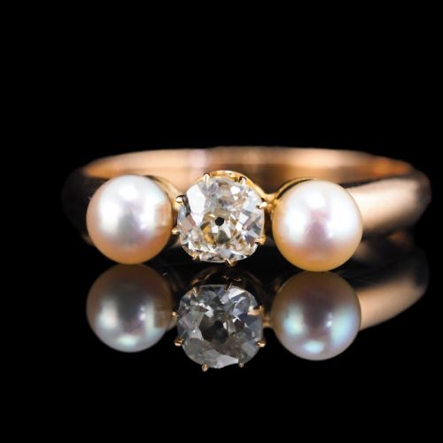 Antique Victorian Diamond and Pearl Ring 15ct Gold Trilogy Design - C.1890