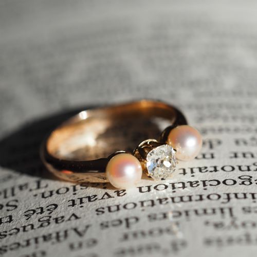 fig 3. Antique Victorian Diamond and Pearl Ring 15ct Gold Trilogy Design - c.1890