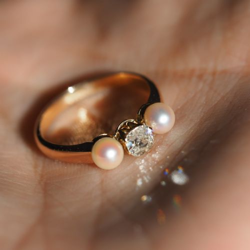 fig 4. Antique Victorian Diamond and Pearl Ring 15ct Gold Trilogy Design - c.1890