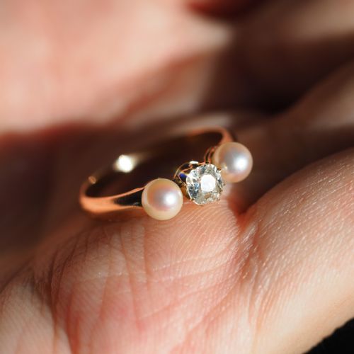 fig 5. Antique Victorian Diamond and Pearl Ring 15ct Gold Trilogy Design - c.1890