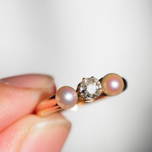 fig 6. Antique Victorian Diamond and Pearl Ring 15ct Gold Trilogy Design - c.1890