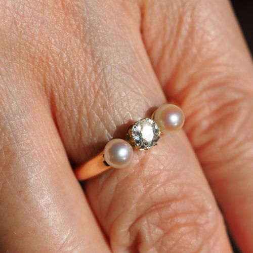 fig 7. Antique Victorian Diamond and Pearl Ring 15ct Gold Trilogy Design - c.1890