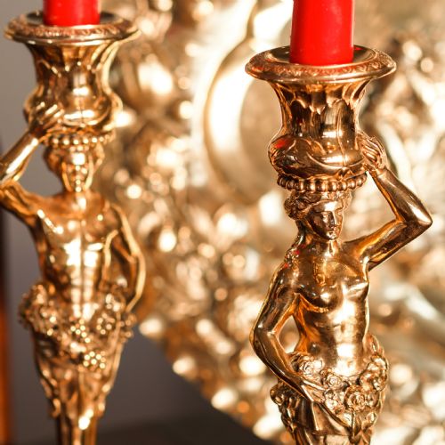fig 1. Antique Solid Silver Gilt Candlesticks Figural/Caryatid Design - J.C. Klinkosch c.1870