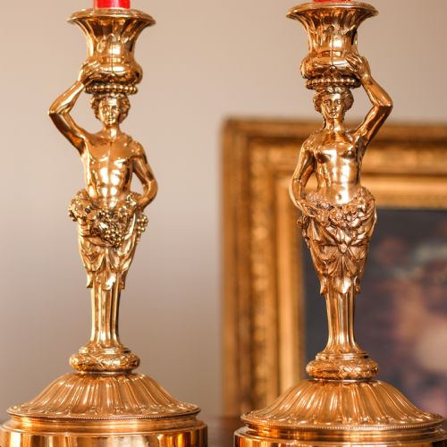 fig 4. Antique Solid Silver Gilt Candlesticks Figural/Caryatid Design - J.C. Klinkosch c.1870