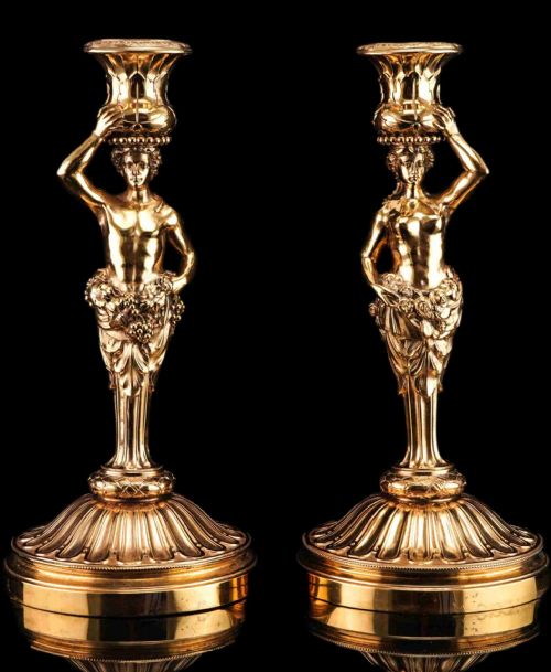 fig 5. Antique Solid Silver Gilt Candlesticks Figural/Caryatid Design - J.C. Klinkosch c.1870