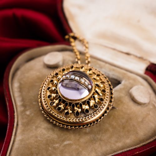 fig 3. Spectacular Antique Victorian Etruscan Style 15ct Gold Rock Crystal Cabochon Pendant Necklace - c.1870 -