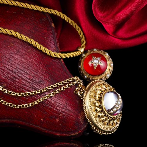 fig 4. Spectacular Antique Victorian Etruscan Style 15ct Gold Rock Crystal Cabochon Pendant Necklace - c.1870 -