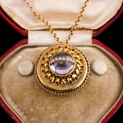 fig 5. Spectacular Antique Victorian Etruscan Style 15ct Gold Rock Crystal Cabochon Pendant Necklace - c.1870 -