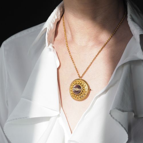 fig 7. Spectacular Antique Victorian Etruscan Style 15ct Gold Rock Crystal Cabochon Pendant Necklace - c.1870 -