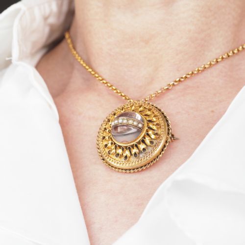 fig 9. Spectacular Antique Victorian Etruscan Style 15ct Gold Rock Crystal Cabochon Pendant Necklace - c.1870 -