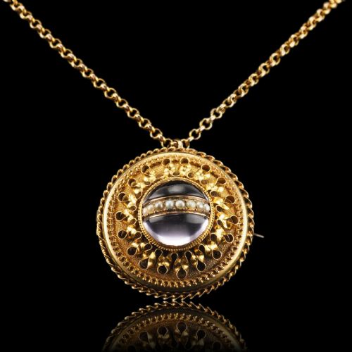 fig 12. Spectacular Antique Victorian Etruscan Style 15ct Gold Rock Crystal Cabochon Pendant Necklace - c.1870 -