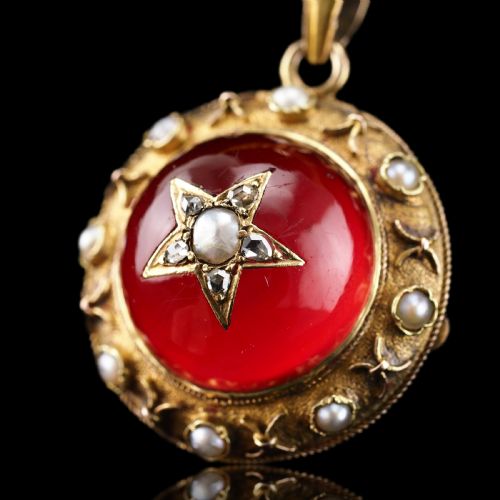 fig 11. Antique Victorian Diamond & Pearl Star Necklace with Red Rock Crystal Cabochon 15ct Gold - c.1880 --