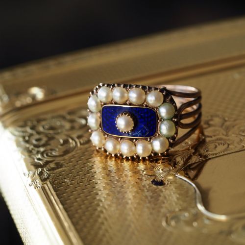 Antique Georgian Blue Enamel & Seed Pearl 14ct Gold Cluster Ring - C.1800 --