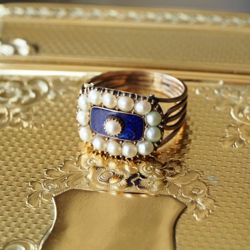 fig 1. Antique Georgian Blue Enamel & Seed Pearl 14ct Gold Cluster Ring - c.1800 --