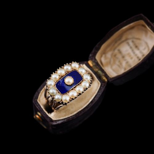 fig 6. Antique Georgian Blue Enamel & Seed Pearl 14ct Gold Cluster Ring - c.1800 --