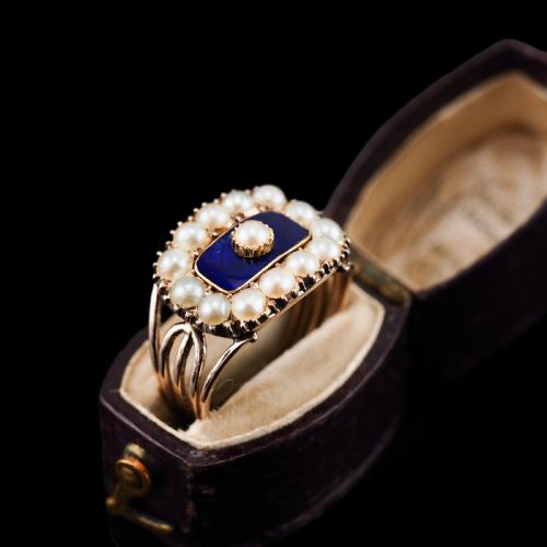 fig 7. Antique Georgian Blue Enamel & Seed Pearl 14ct Gold Cluster Ring - c.1800 --