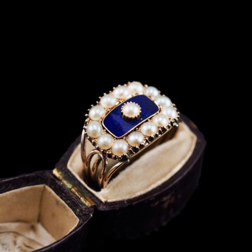 fig 8. Antique Georgian Blue Enamel & Seed Pearl 14ct Gold Cluster Ring - c.1800 --