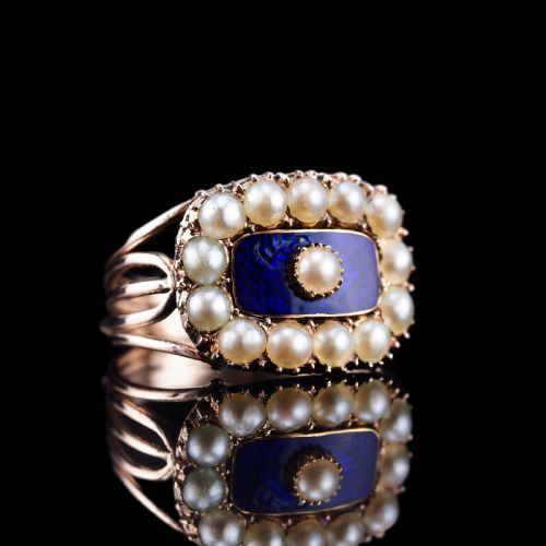fig 9. Antique Georgian Blue Enamel & Seed Pearl 14ct Gold Cluster Ring - c.1800 --