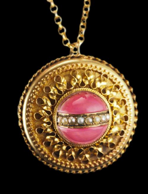 Spectacular Antique Victorian Etruscan Style 15ct Gold Rock Crystal Cabochon Pendant Necklace - C.1870 -